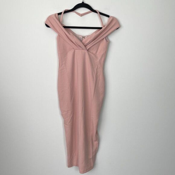 Nookie Athena Off The Shoulder Halter Scuba Crepe Stretchy Midi Dress Blush S - Picture 3 of 10
